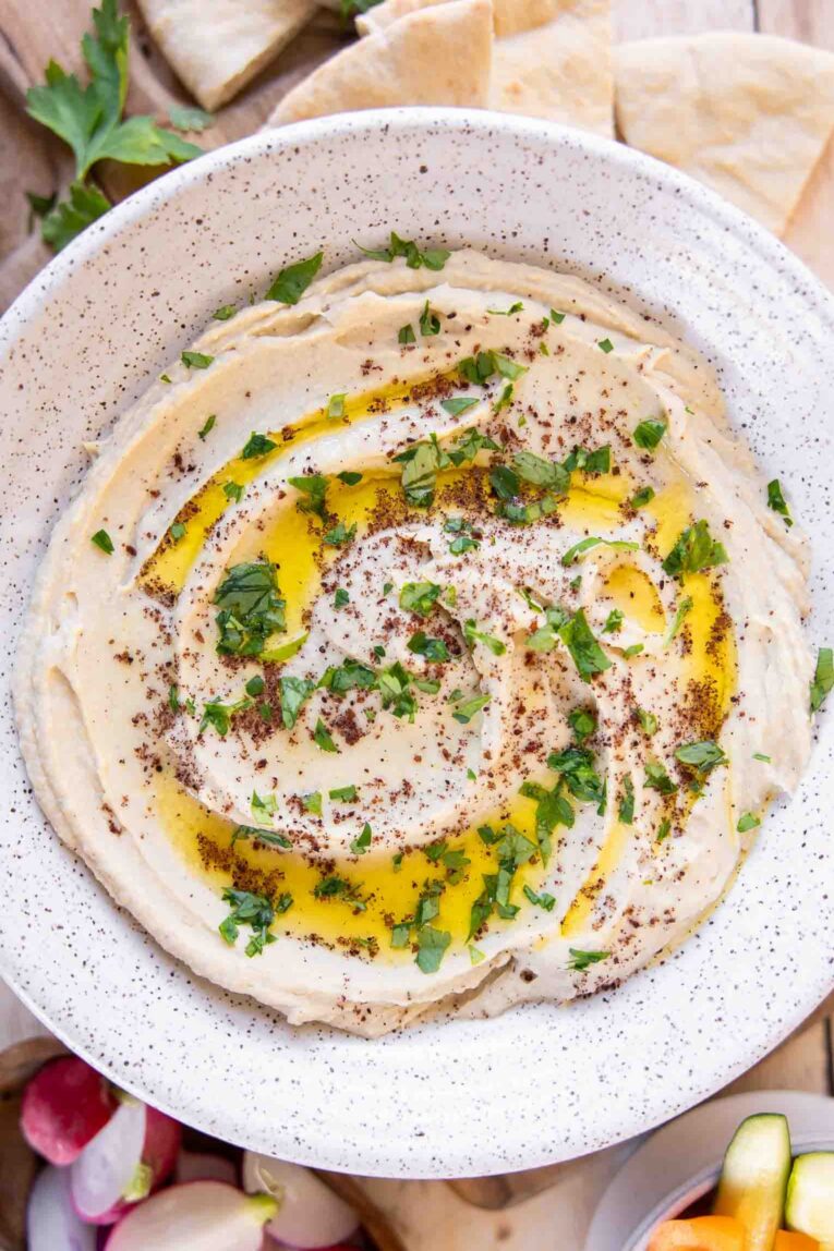 Easy hummus recipe finished in a bowl.