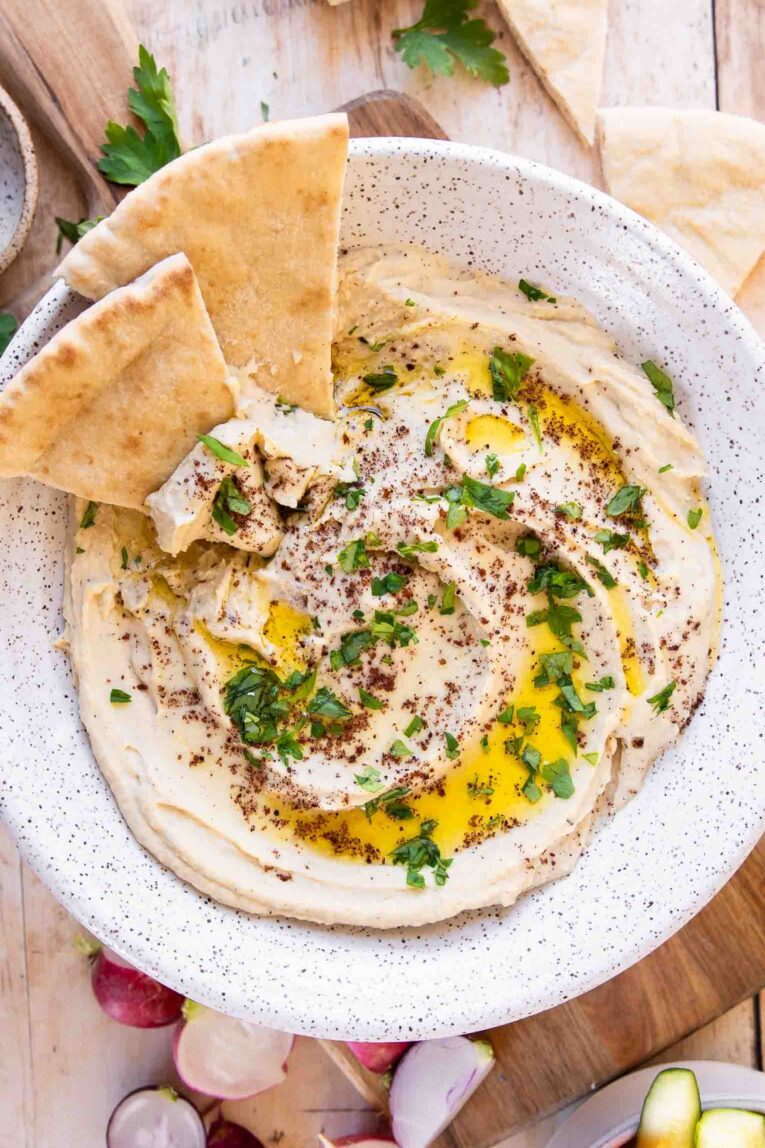 Homemade hummus recipe with pita bread.