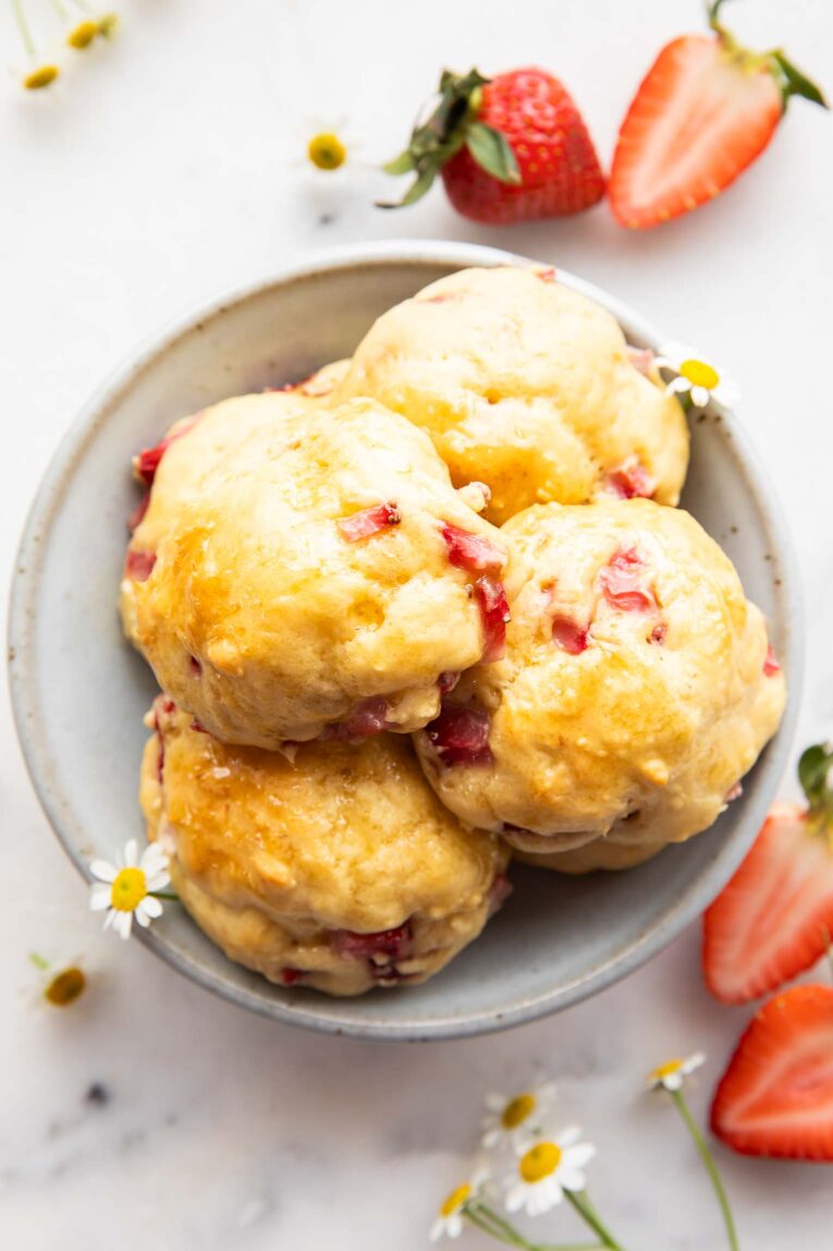 Strawberry Drop Pancake Bites in a bowl.