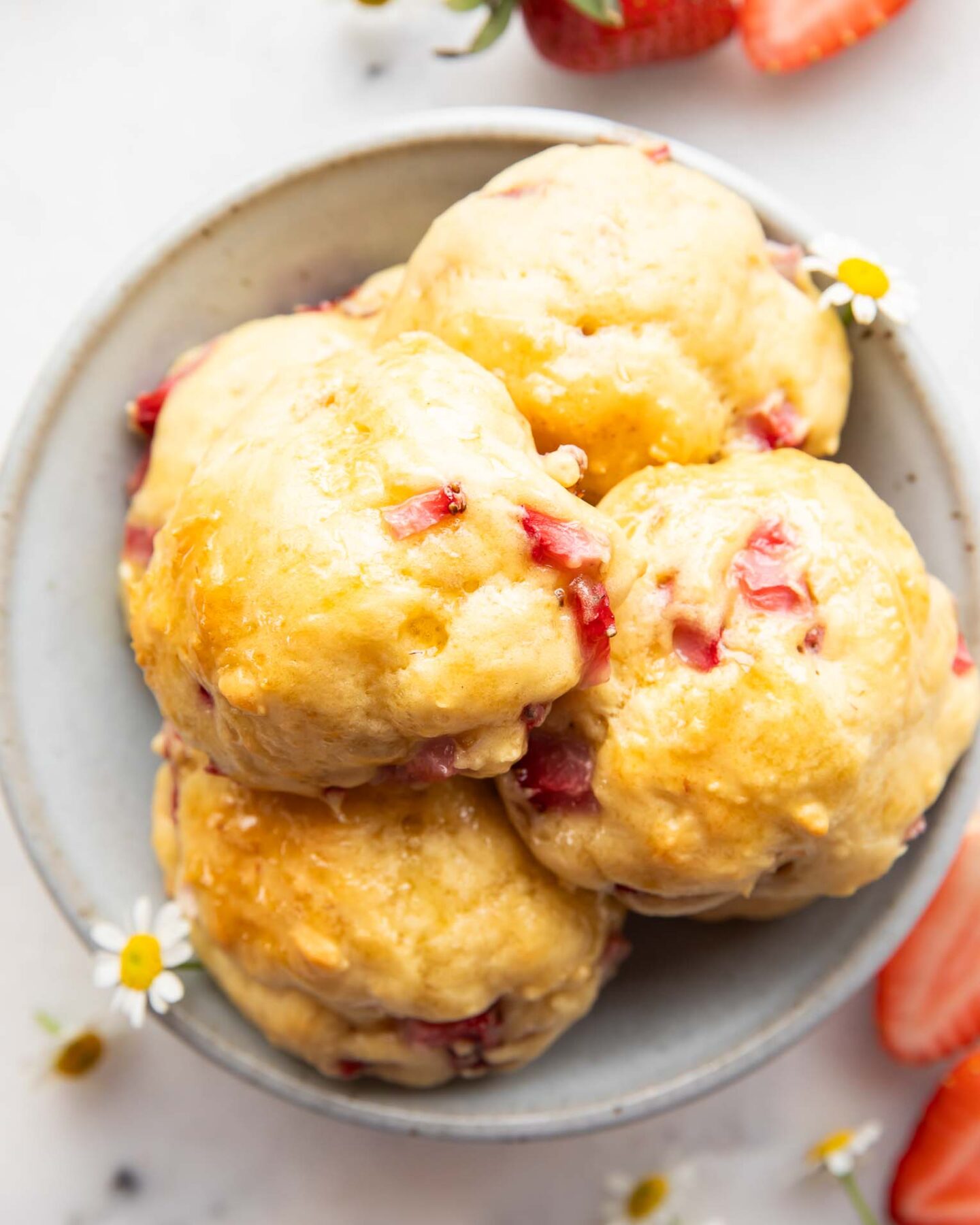 Close up of Strawberry Drop Pancake Bites recipe.