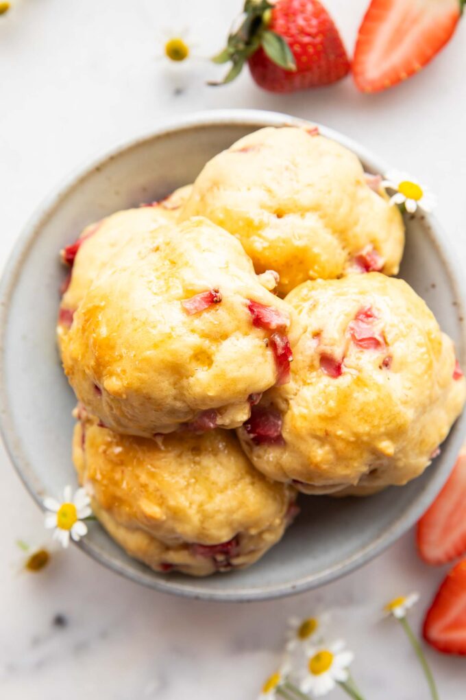 Close up of Strawberry Drop Pancake Bites recipe.