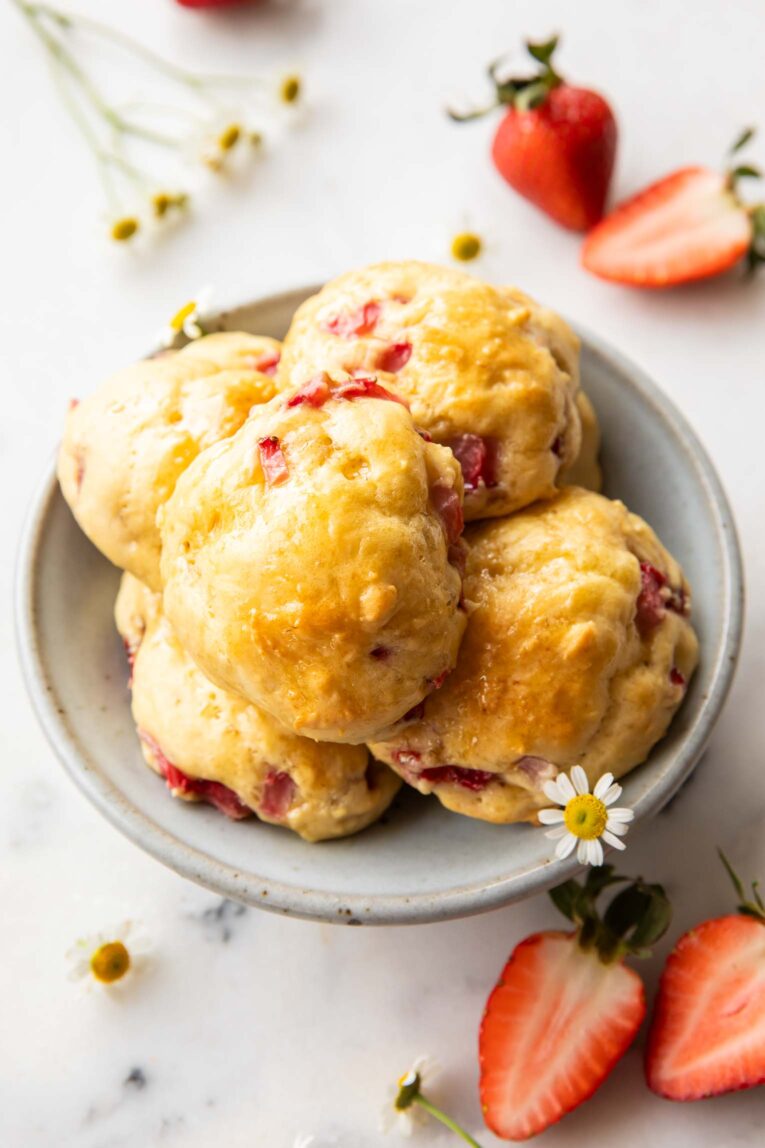 Angled photo of Strawberry Drop Pancake Bites recipe.