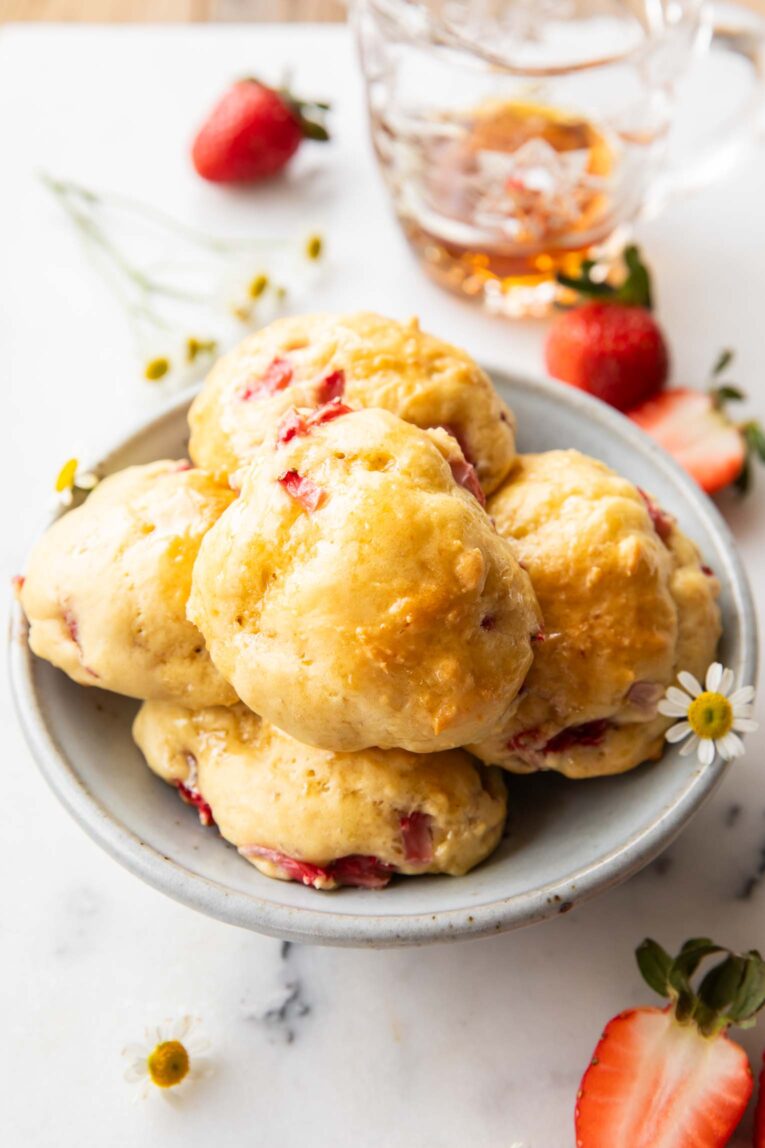 Angled photo of mini cottage cheese pancakes.