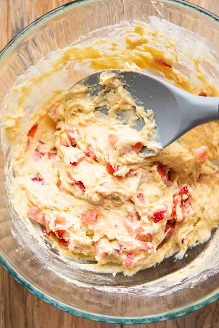 Batter for Strawberry Drop Pancake Bites in a bowl.