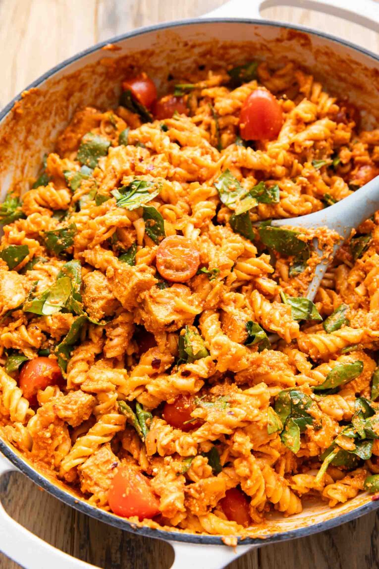 Angled photo of Chicken Pasta Alla Vodka in a large pan.