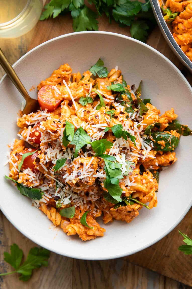 Close up of Chicken Pasta Alla Vodka in a bowl.