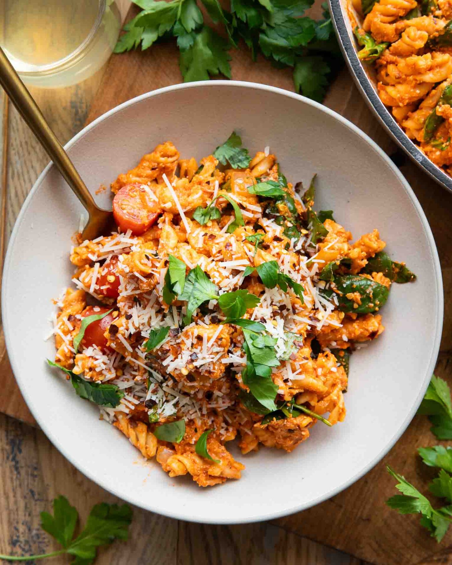 Pasta Alla Vodka in a bowl with a fork.