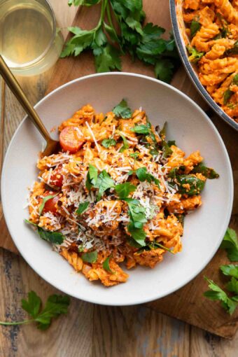 Pasta Alla Vodka in a bowl with a fork.