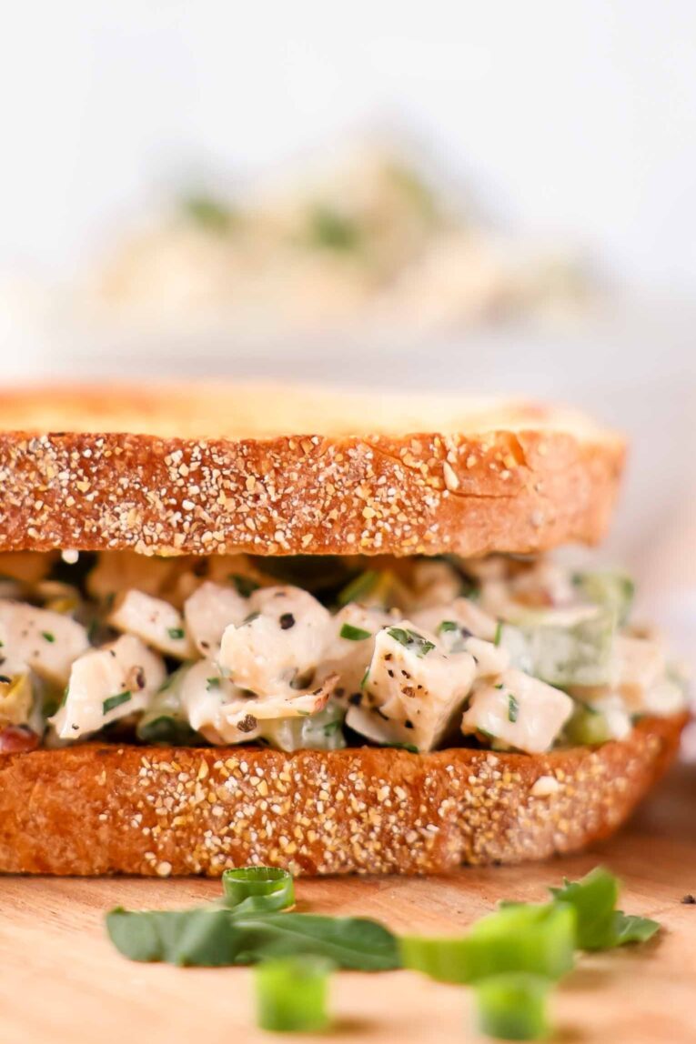 Healthy chicken salad in a sandwich.