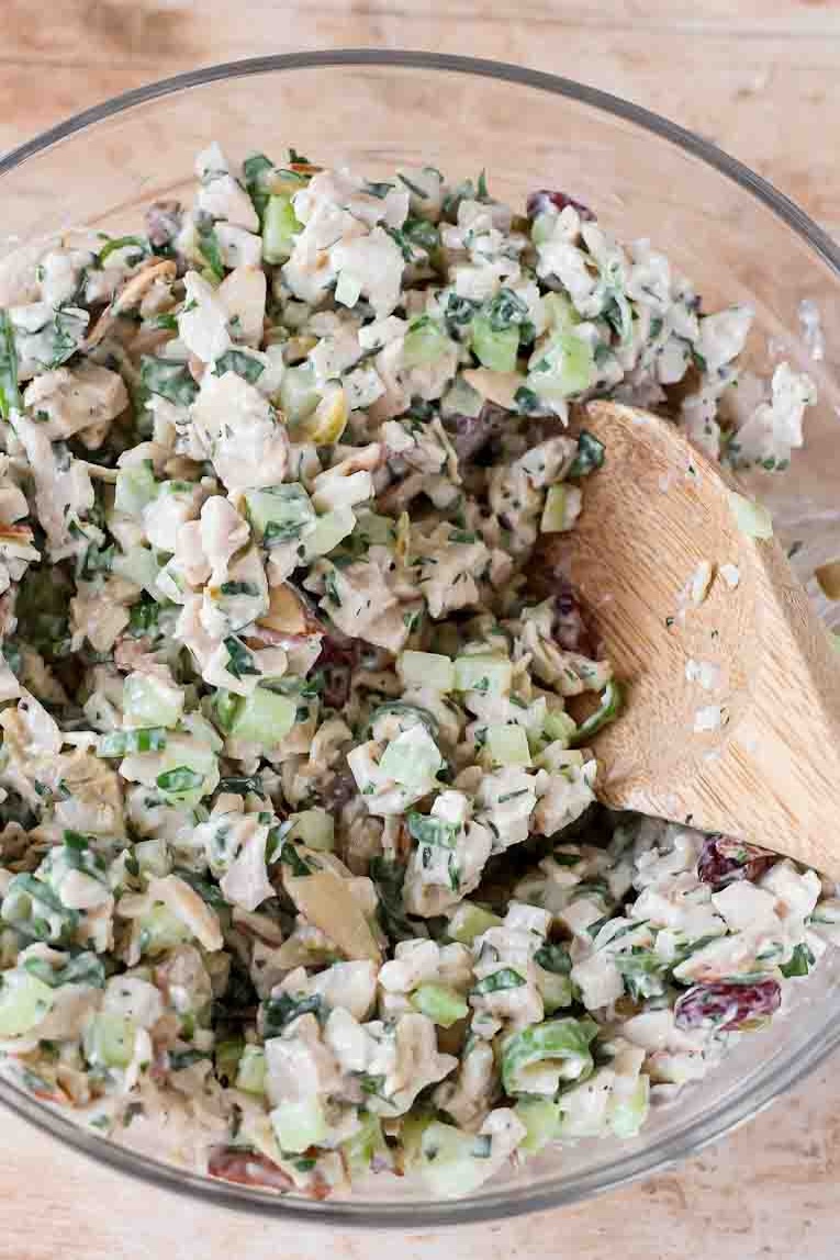 Freshly mixed easy chicken salad in a bowl.