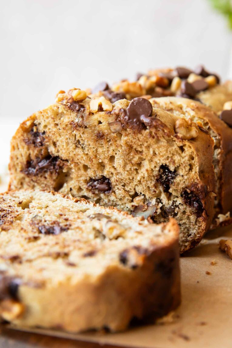Across photo of sliced Date Walnut Cake.
