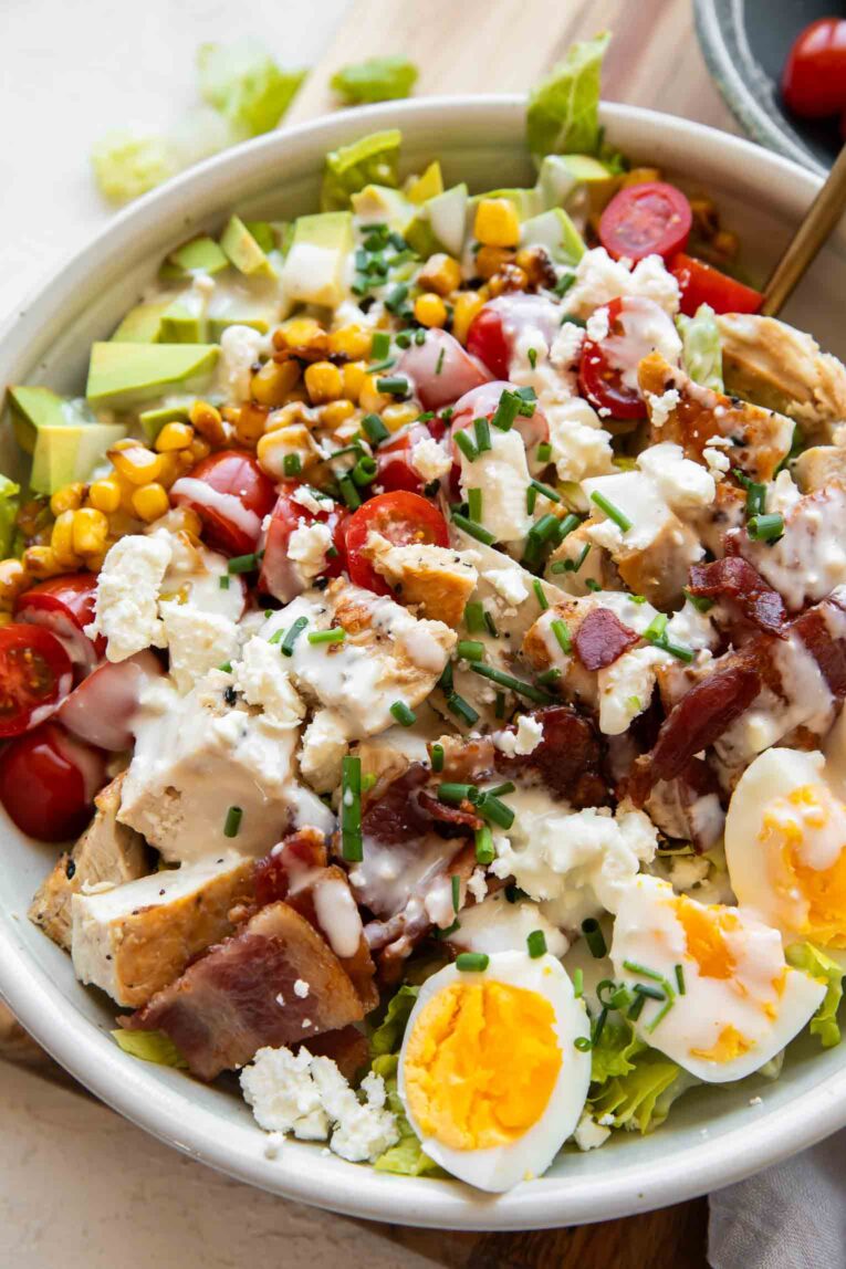 Angled photo of healthy Chicken Cobb Salad.