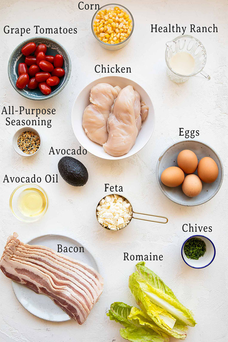 Ingredients in a healthy chicken cobb salad recipe.