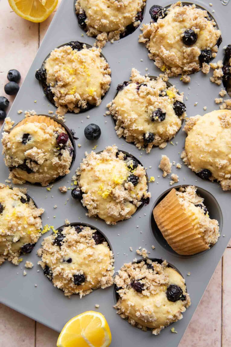 Lemon Blueberry Cottage Cheese Muffins in a pan.