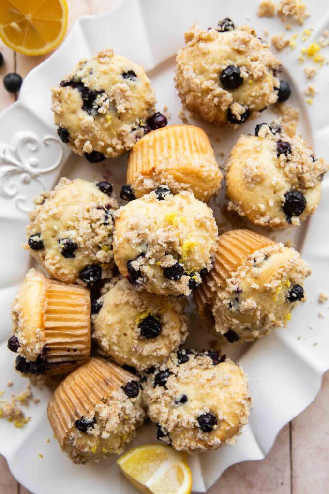Lemon Blueberry Muffins on a dish.