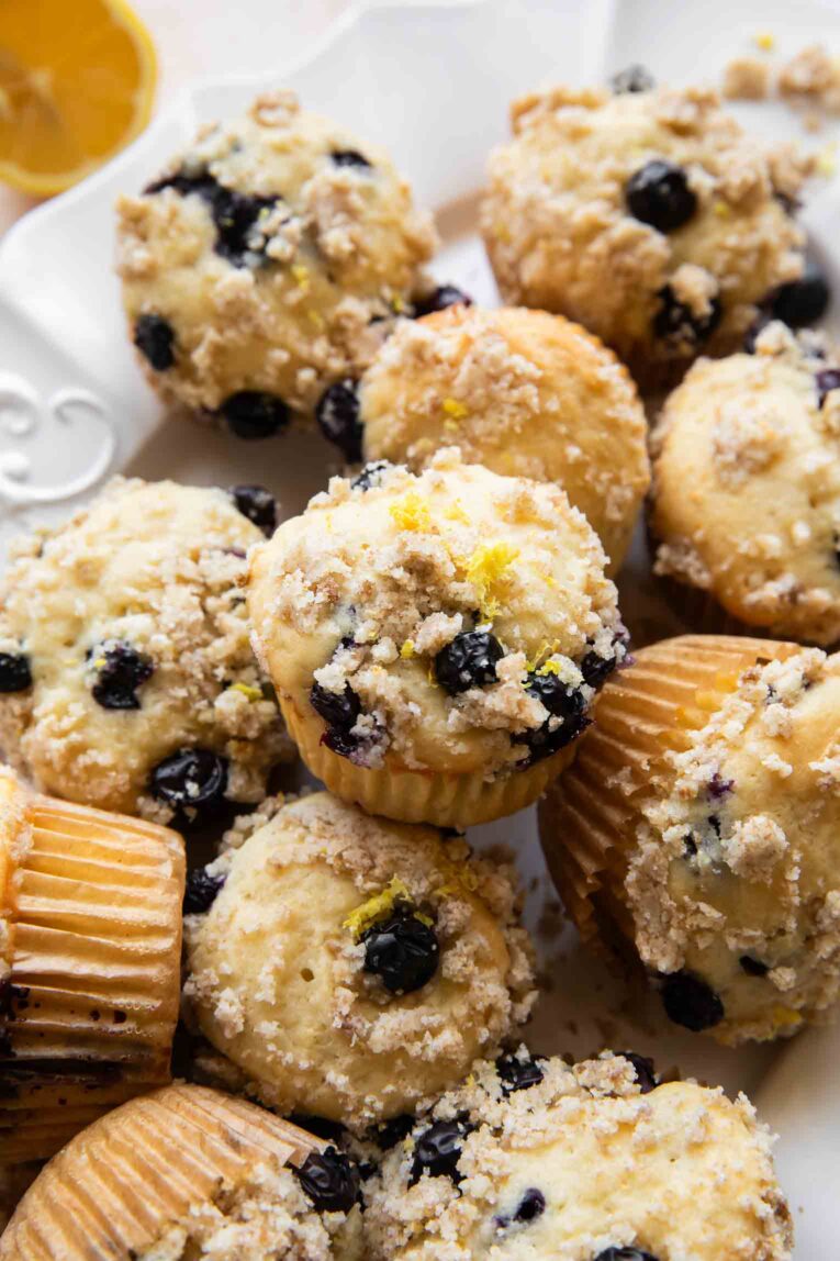 Close up of healthy Lemon Blueberry Muffins with streusel.