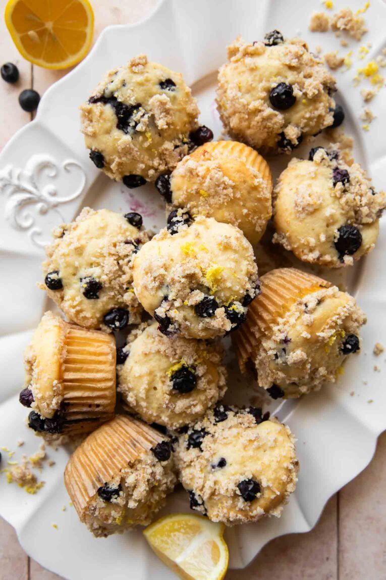 Top photo of Lemon Blueberry Cottage Cheese Muffins.