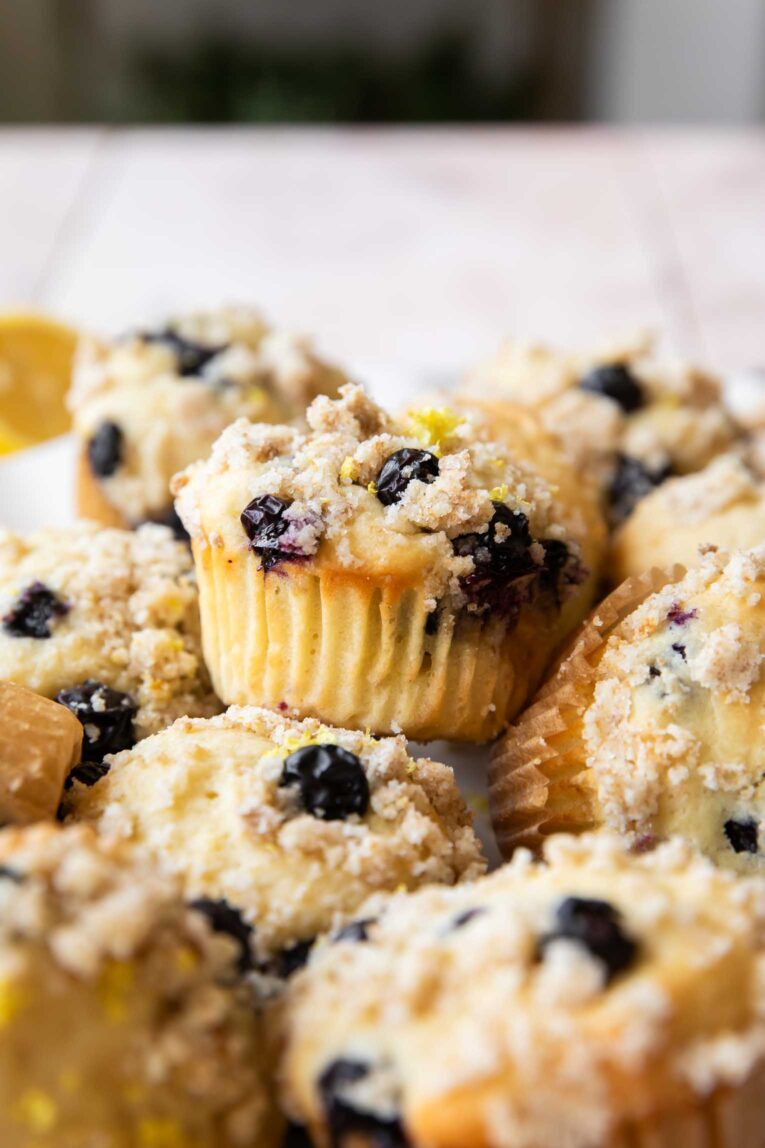 Angled photo of healthy Lemon Blueberry Muffins.