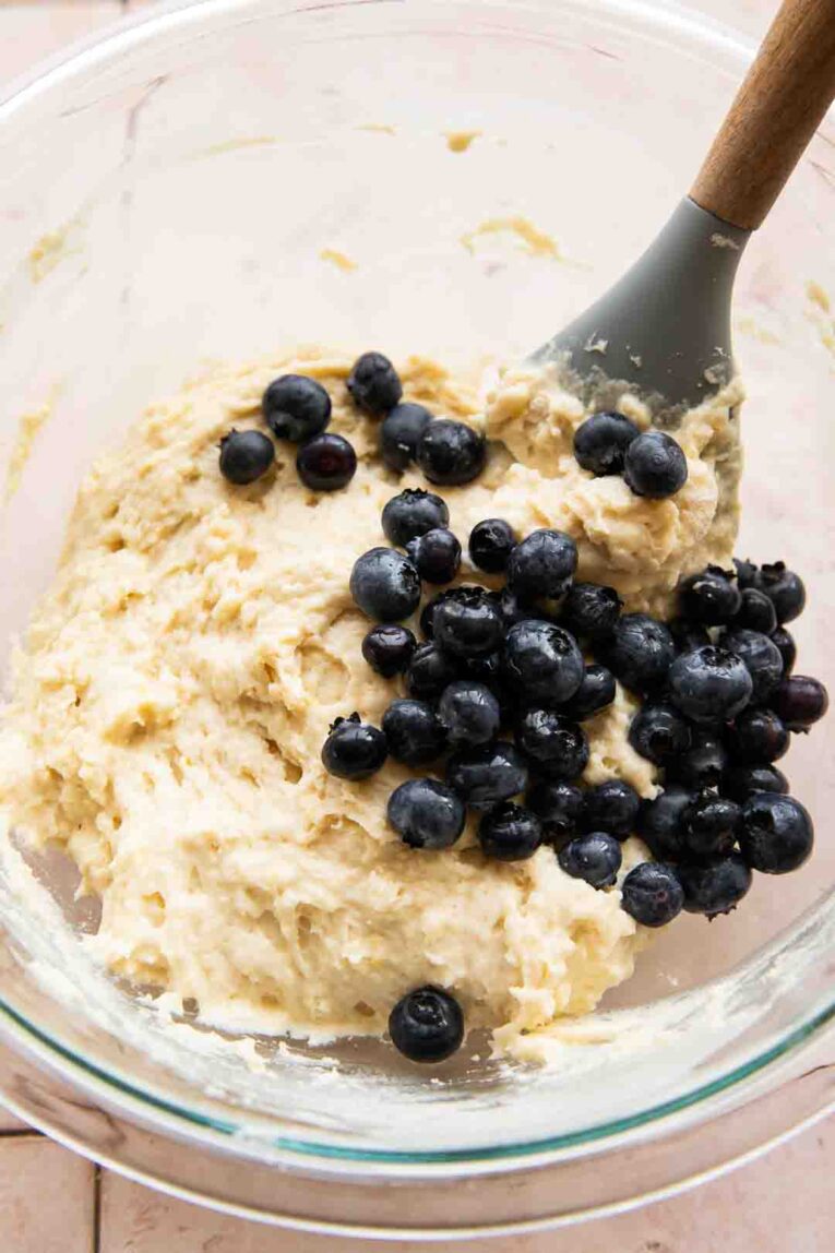 Lemon Blueberry Muffins healthy protein batter being mixed.