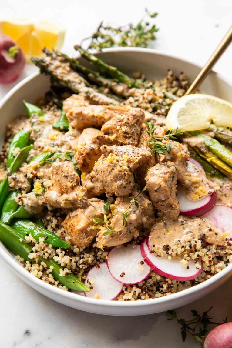 Angled photo of Lemon Pepper Chicken Bowls.