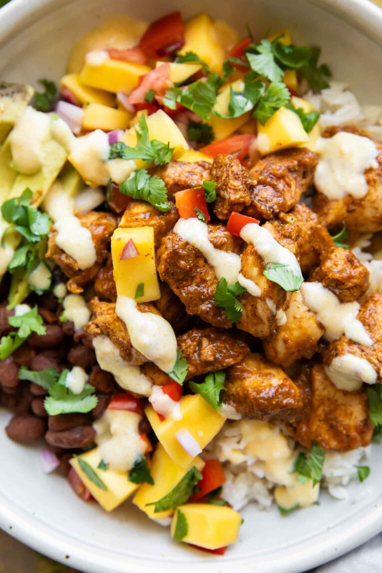 Close up of Mango Habanero Chicken Bowl recipe.