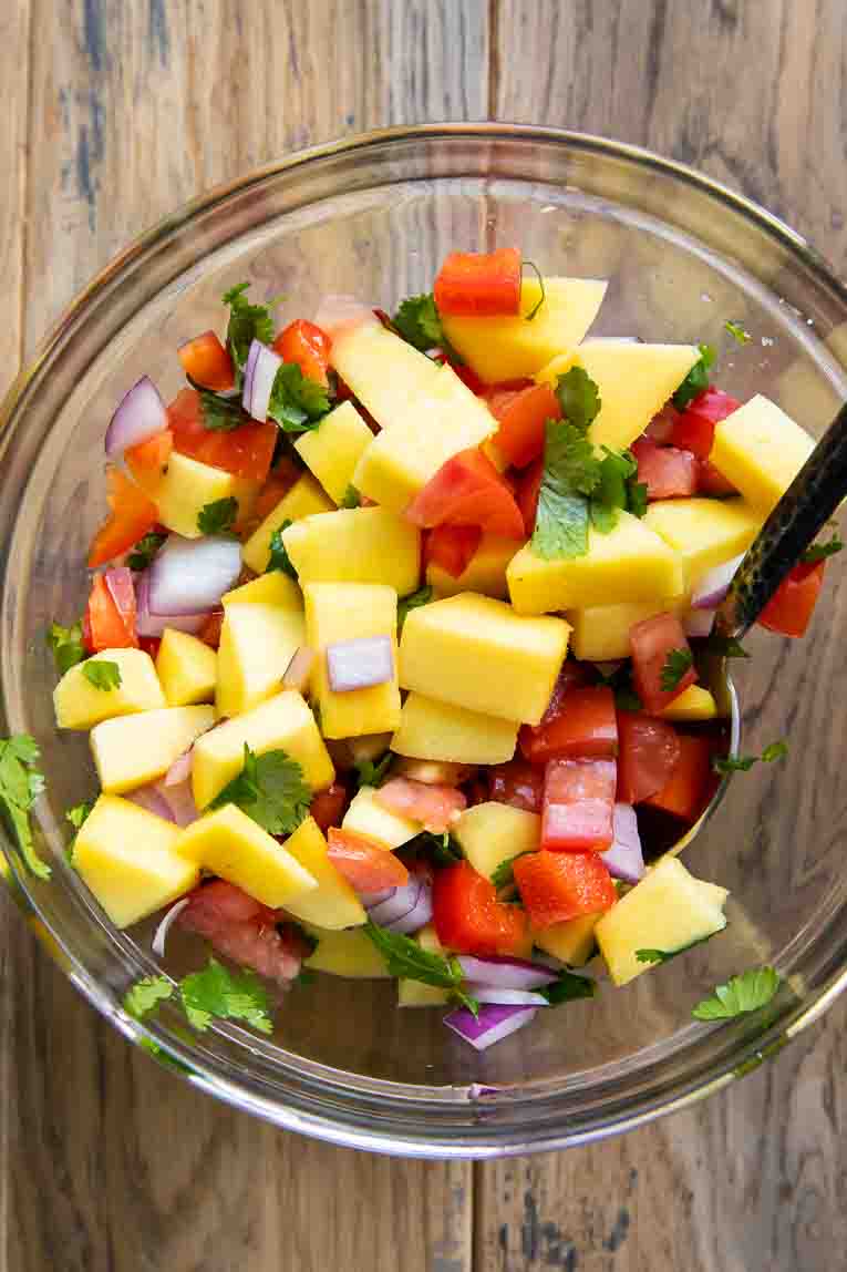 Mango salsa in a bowl.