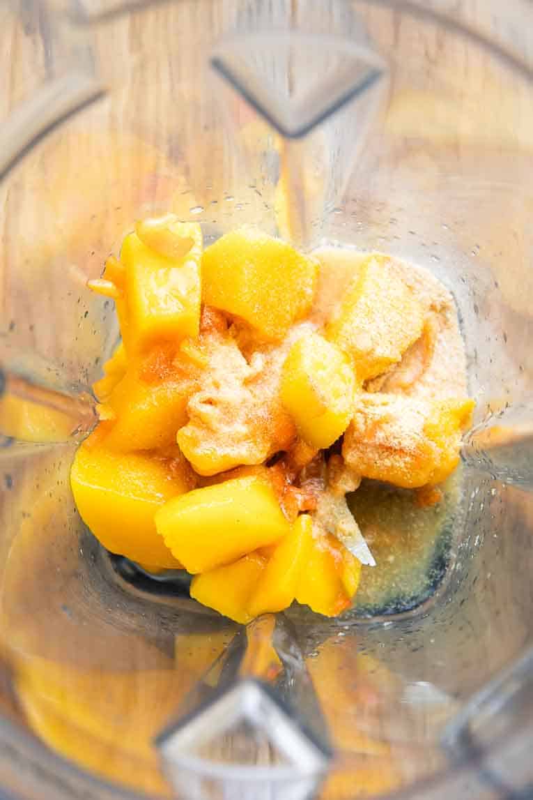Mango habanero sauce in a blender.