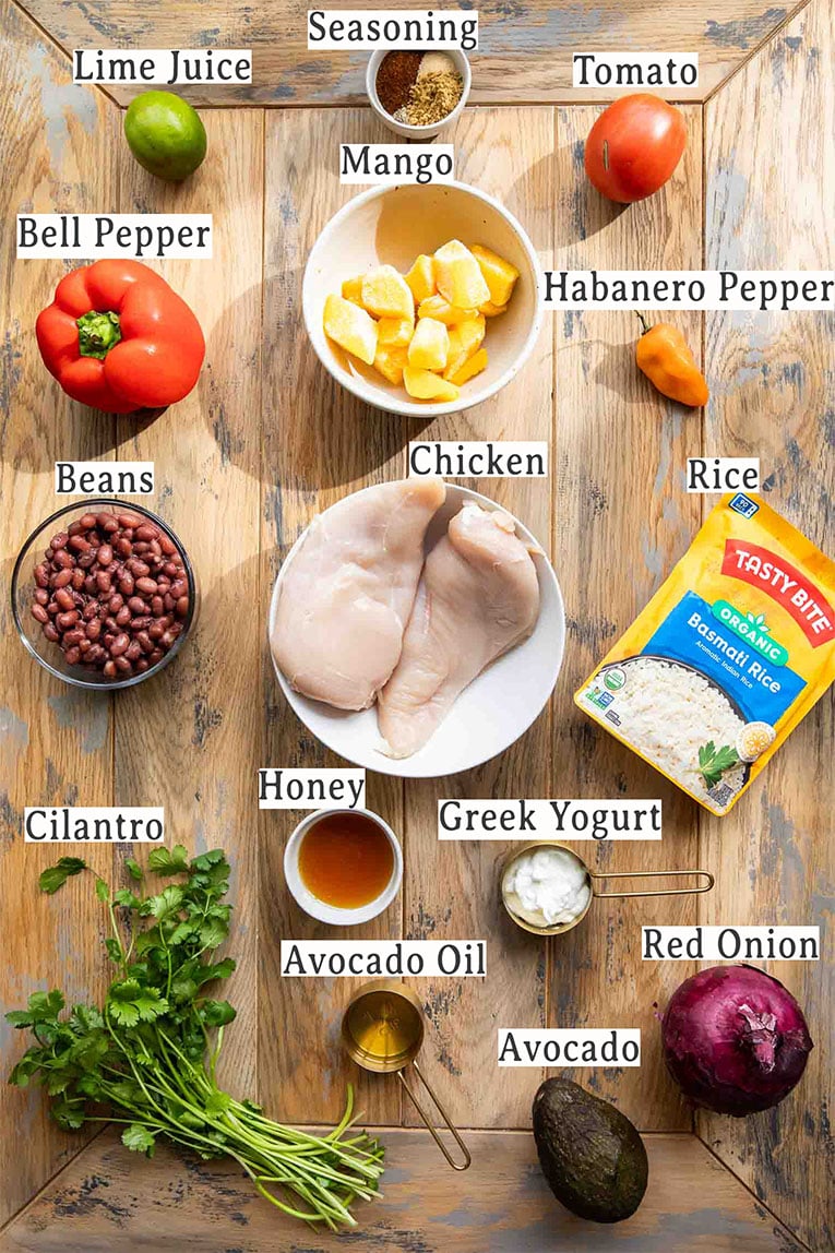 Ingredients for Mango Habanero Chicken Bowls recipe.