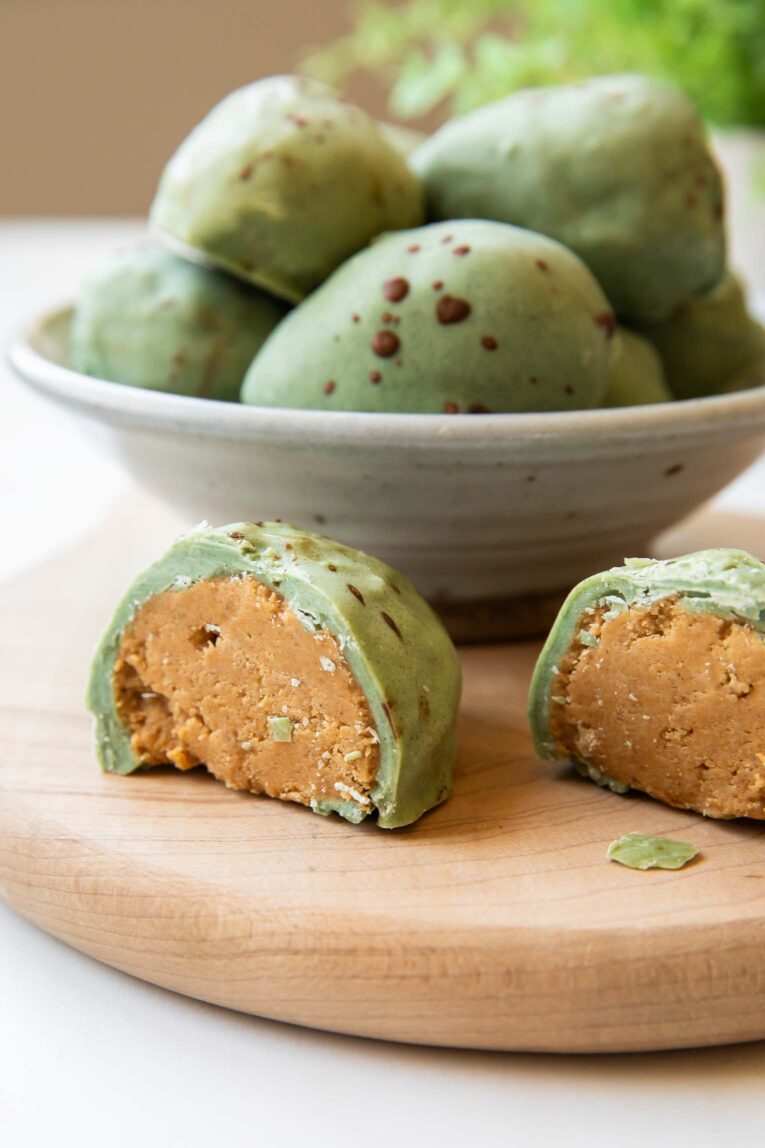 Peanut Butter Easter Eggs with protein cut in half.