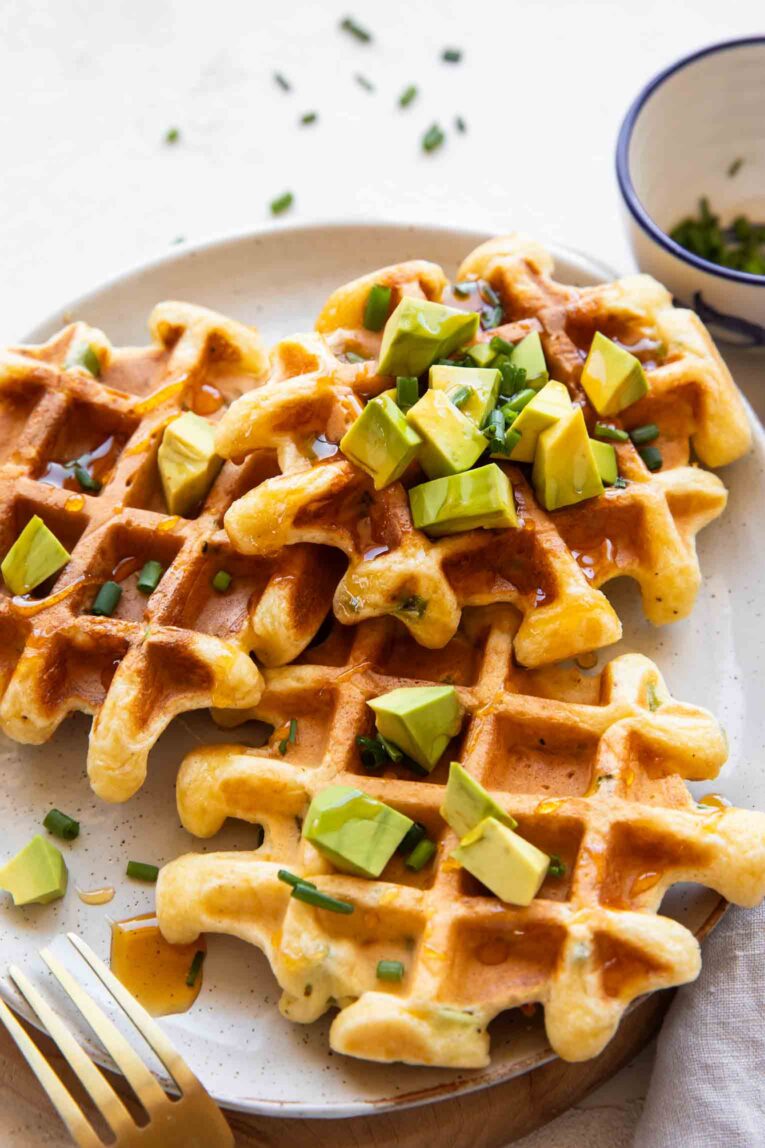Angled photo of savory waffles recipe.
