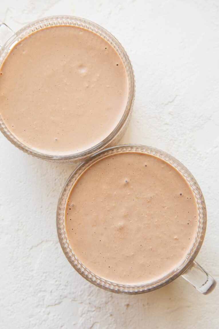 Peanut butter chocolate overnight oats in jars.
