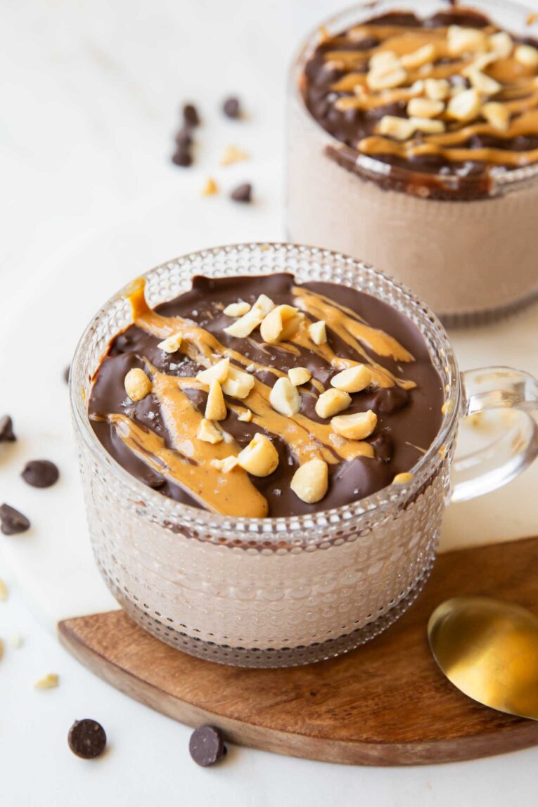Angled photo of Snickers Overnight Oats recipe.