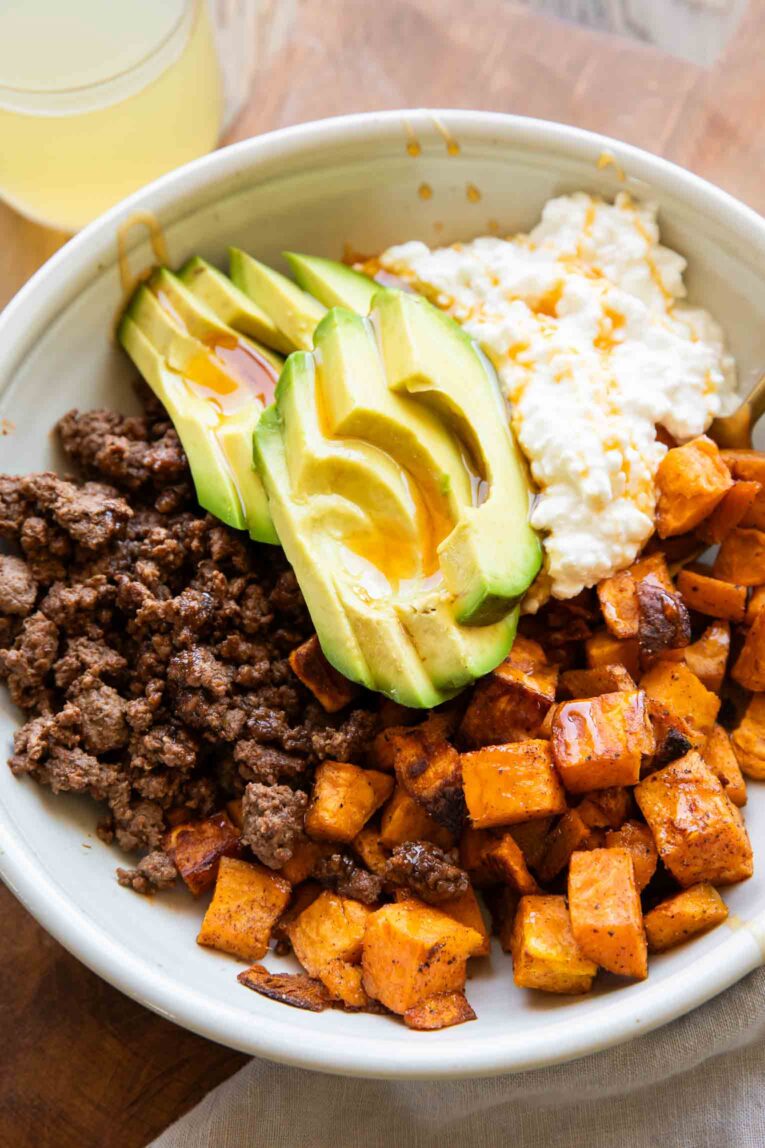 Angled photo of Hot Honey Beef Bowls.