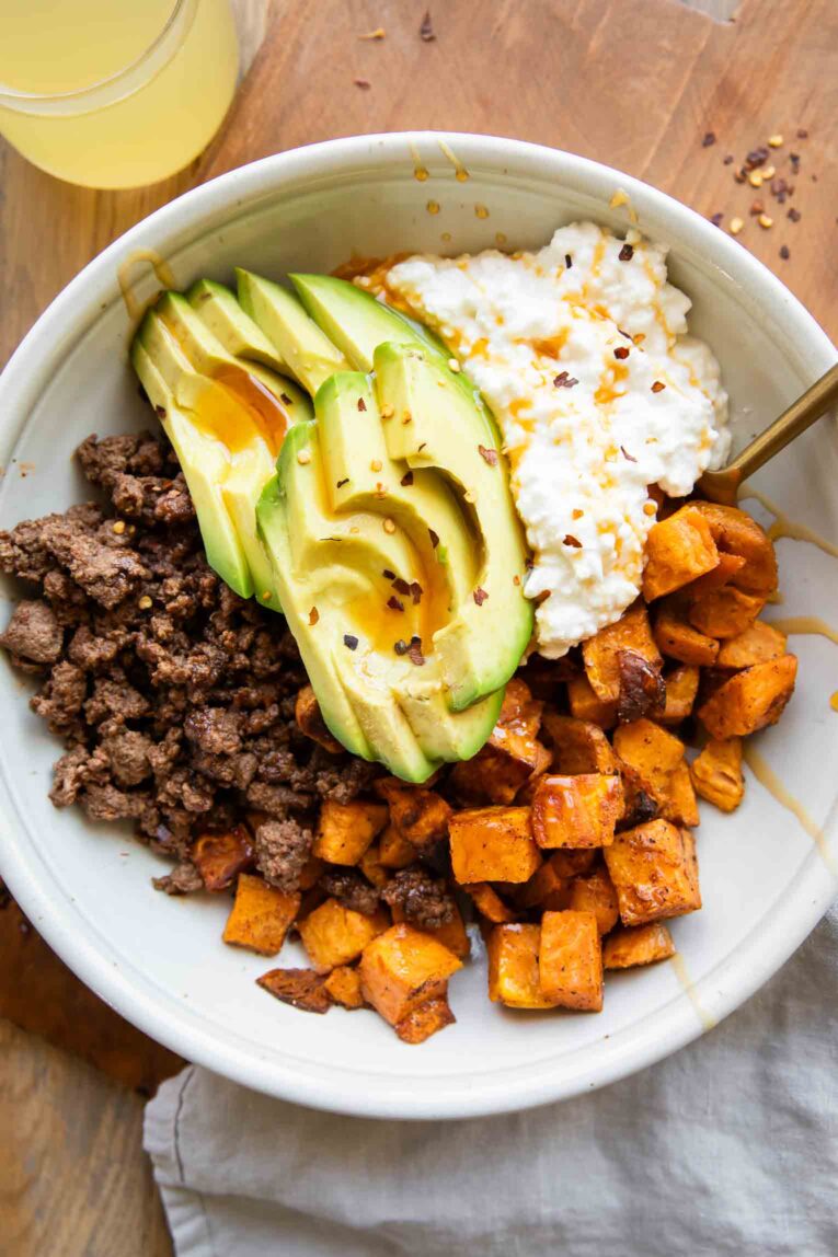 Top shot photo of viral Hot Honey Beef Bowls.