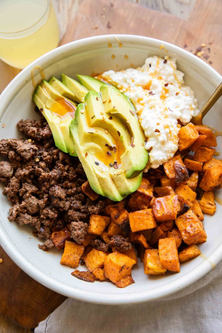 Close up of viral hot honey ground beef bowl.