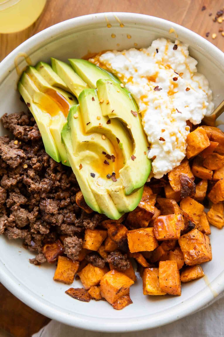 Close up of Hot Honey Beef Bowls recipe.