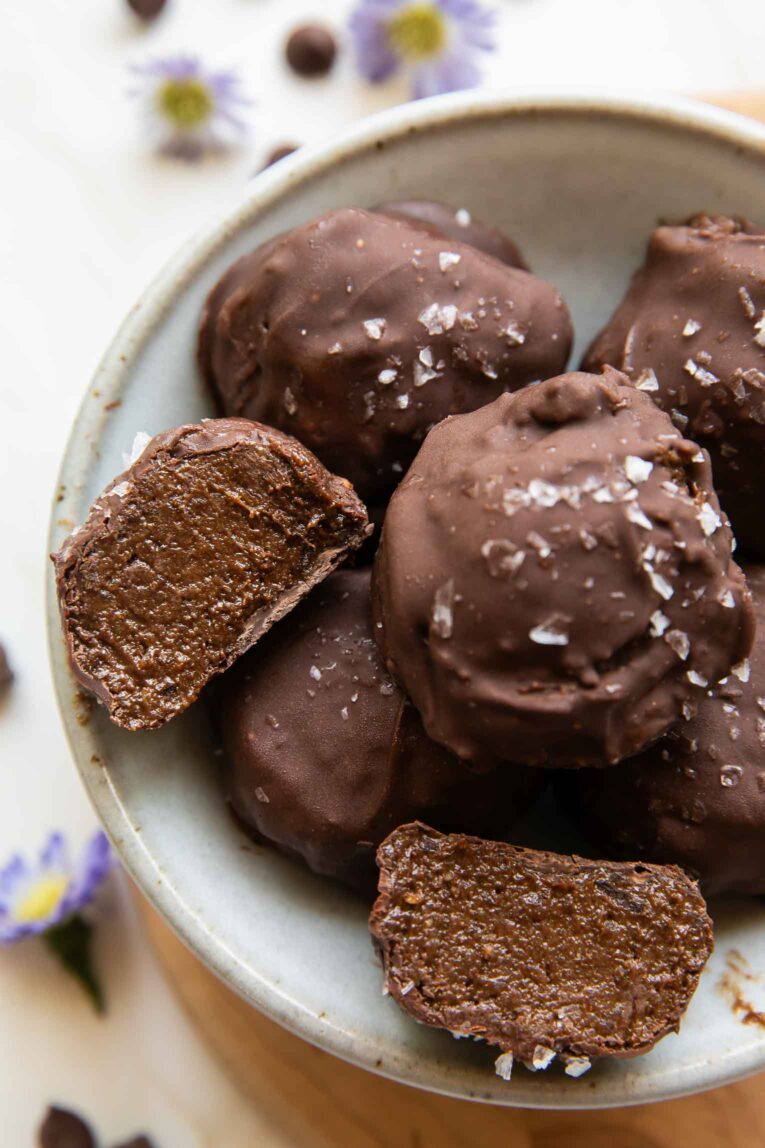 Close up of Brownie Balls with bite taken out.