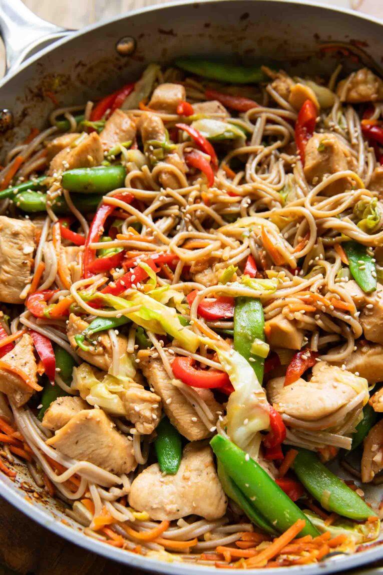 Angled photo of Chicken Lo Mein in a large skillet.