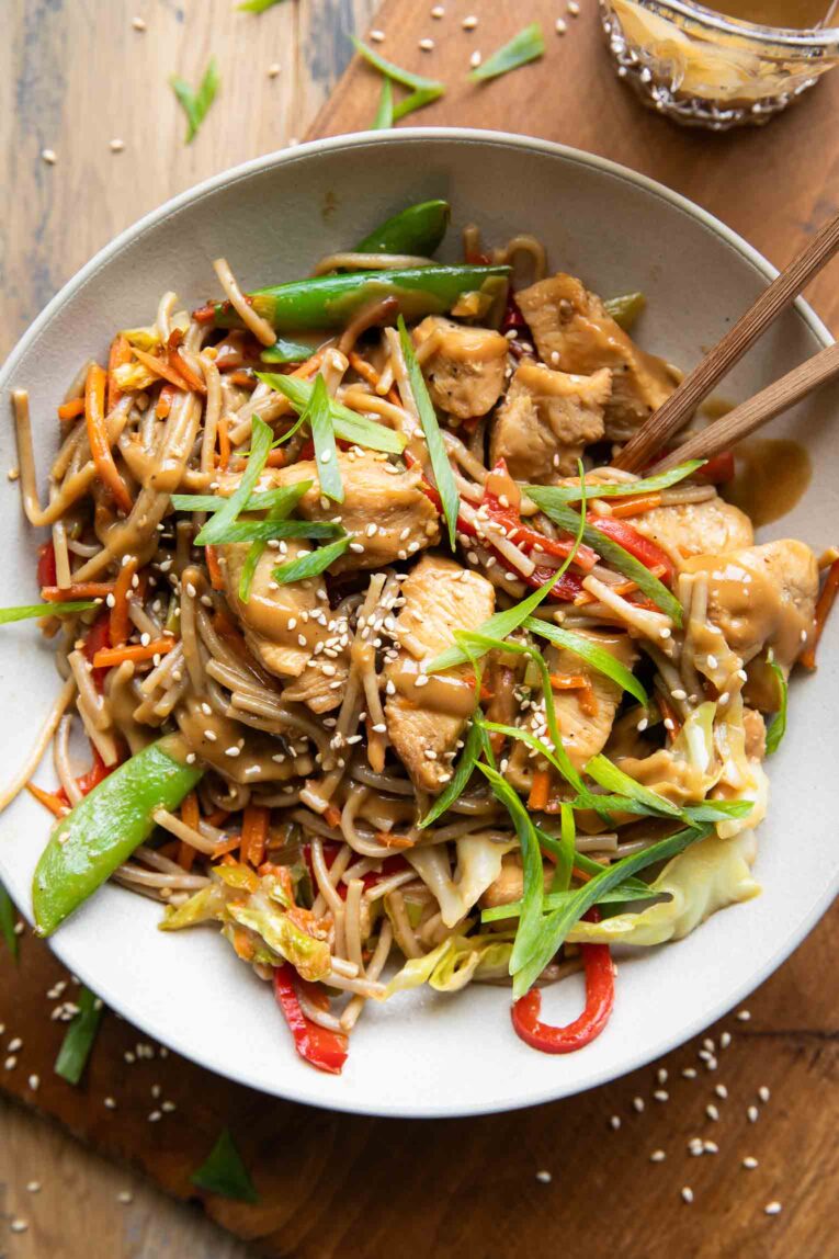Top photo of bowl of Chicken Lo Mein.