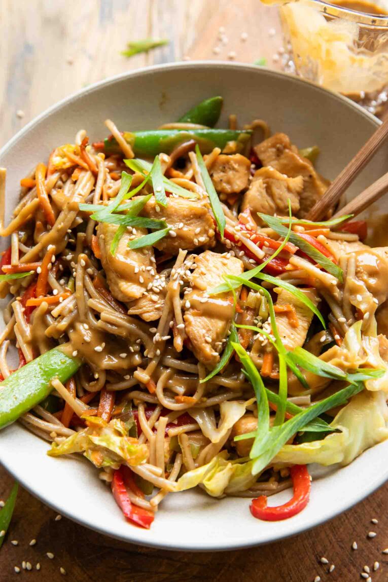 Angled photo of best Chicken Lo Mein.