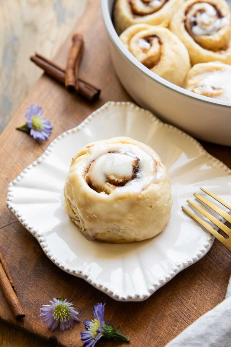 Angled photo of Cottage Cheese Cinnamon Roll on a plate.