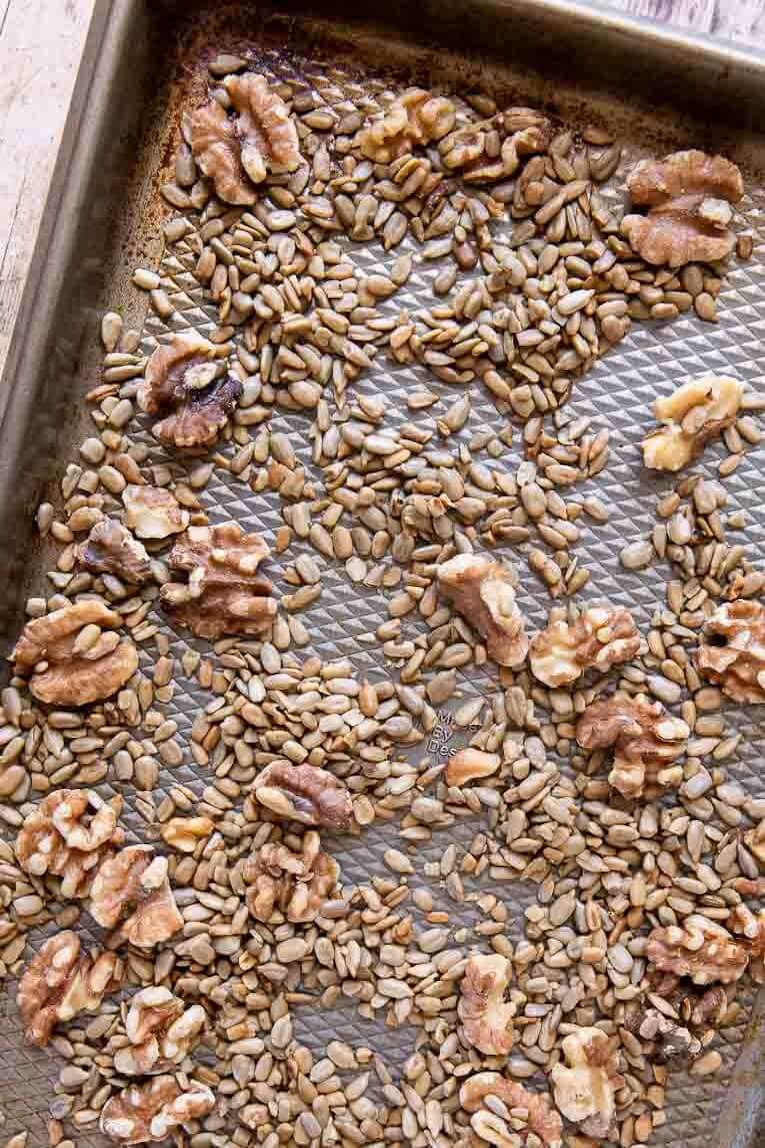 Walnuts and sunflower seeds being toasted for veggie burgers.