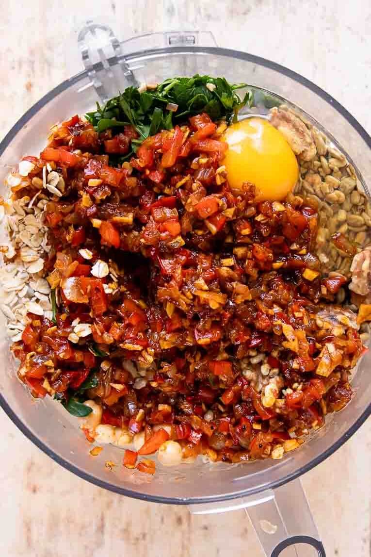 Ingredients for Veggie Burgers in a food processor.
