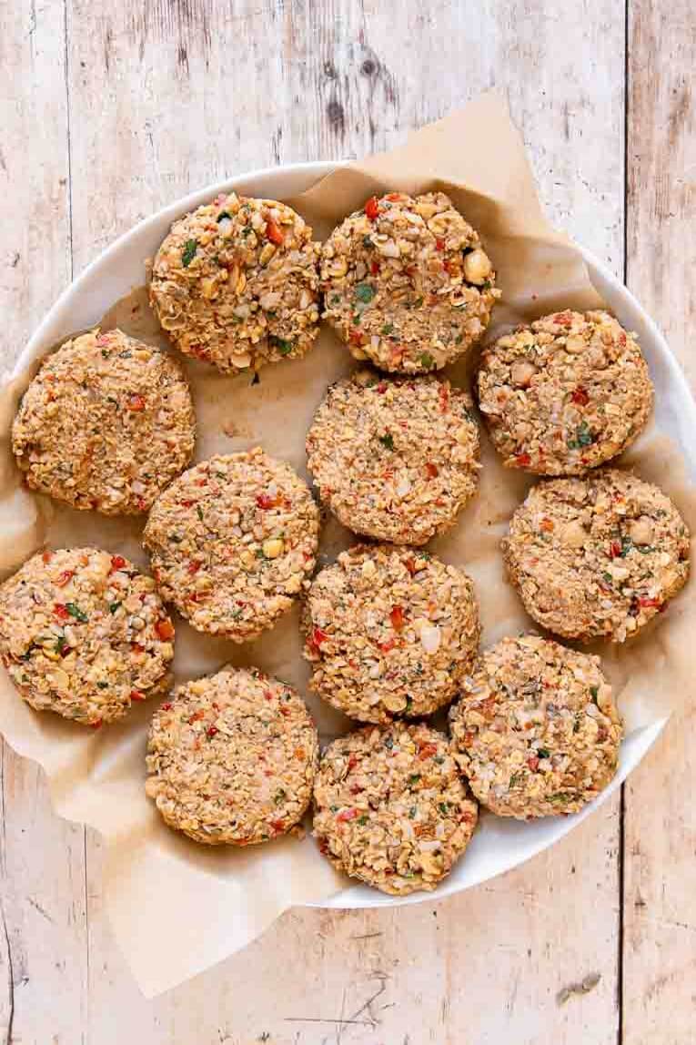 Homemade Veggie Burger patties on a plate.