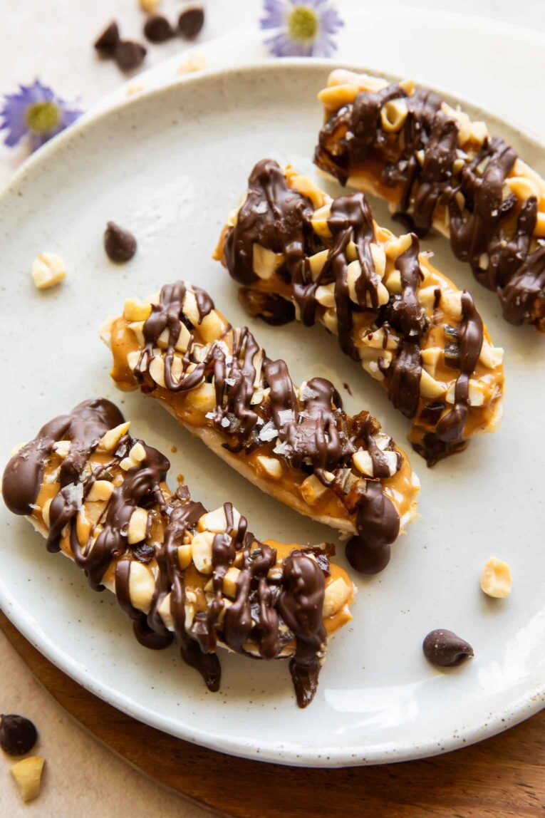 Angled photo of Frozen Banana Snickers recipe.