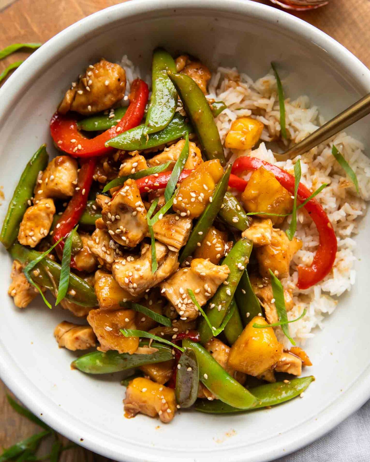 Pineapple Teriyaki Chicken Bowl with fork.