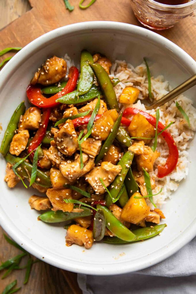 Pineapple Teriyaki Chicken Bowl with fork.