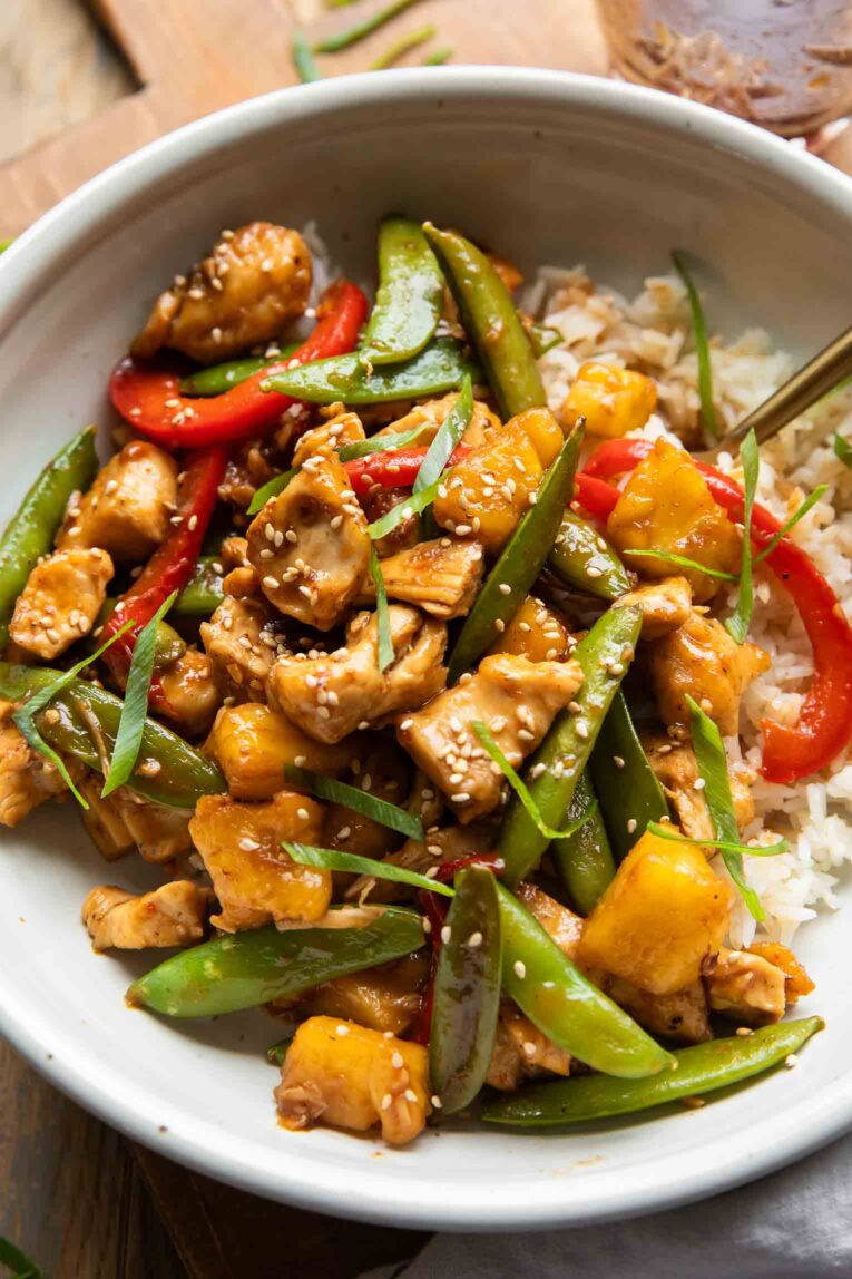 Angled photo of Pineapple Teriyaki Chicken Bowls.