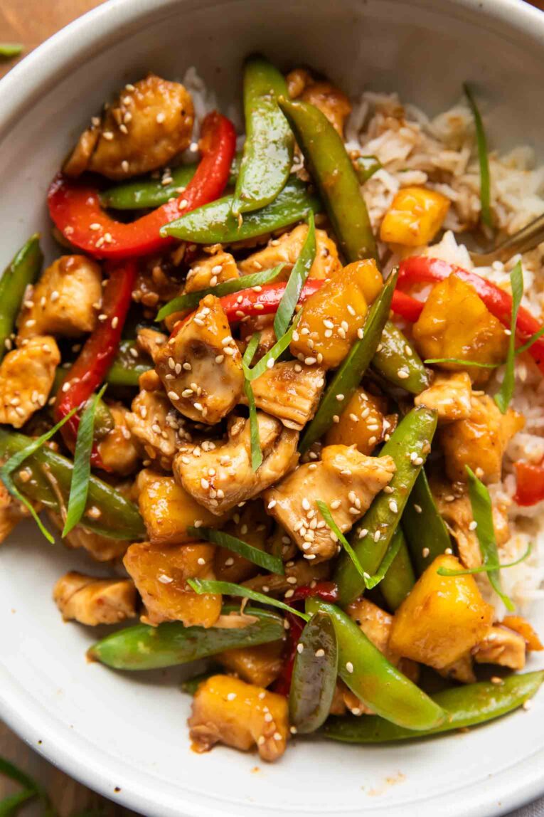 Close up of Pineapple Teriyaki Chicken recipe in a large bowl.