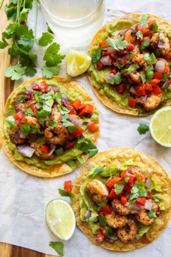 Top photo of Shrimp Tostadas.